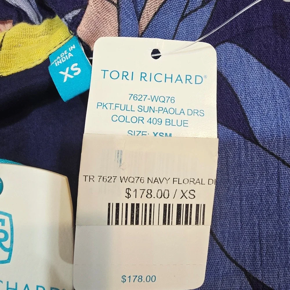 NWT Tori Richard Paola Dress Navy Blue Floral Cotton Rayon Tiered XS 7627-WQ76 - Picture 6 of 8